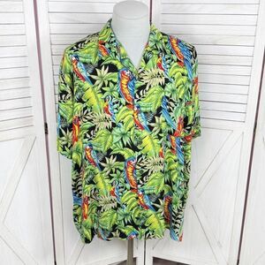 Pineapple Connection Tropical Parrots Hawaiian Camp Shirt Black Green Large